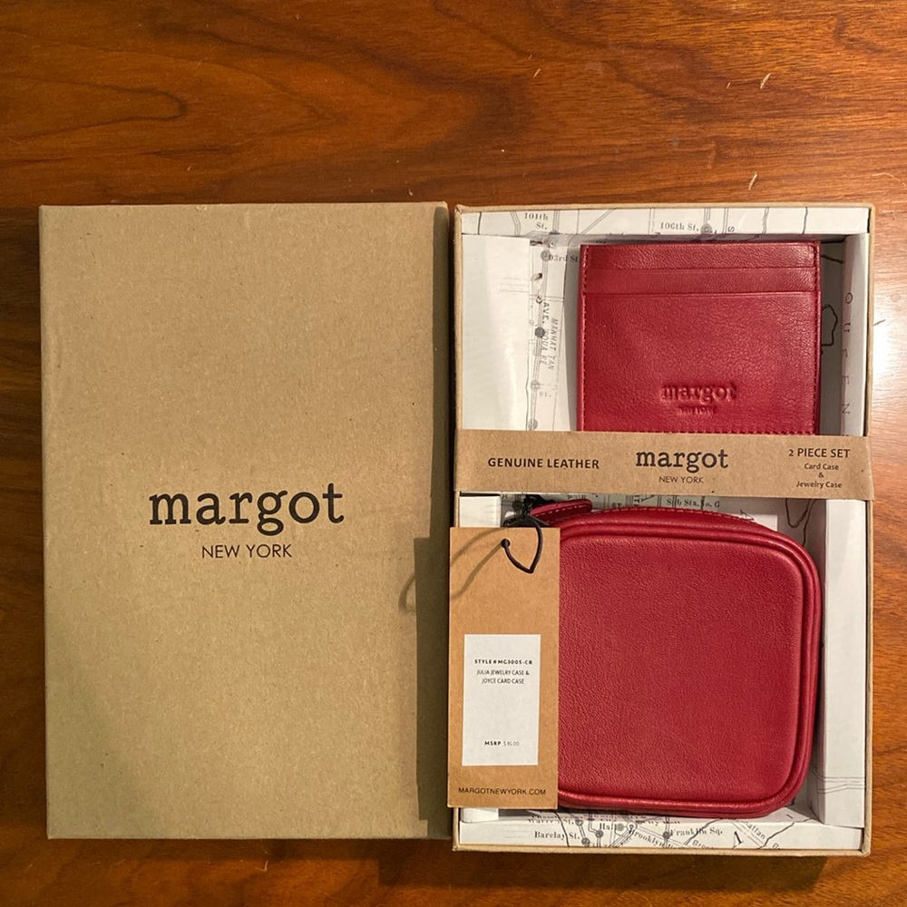 NEW IN BOX Margot New York Red Leather 2 Piece Jewelry Case & Card Case Set